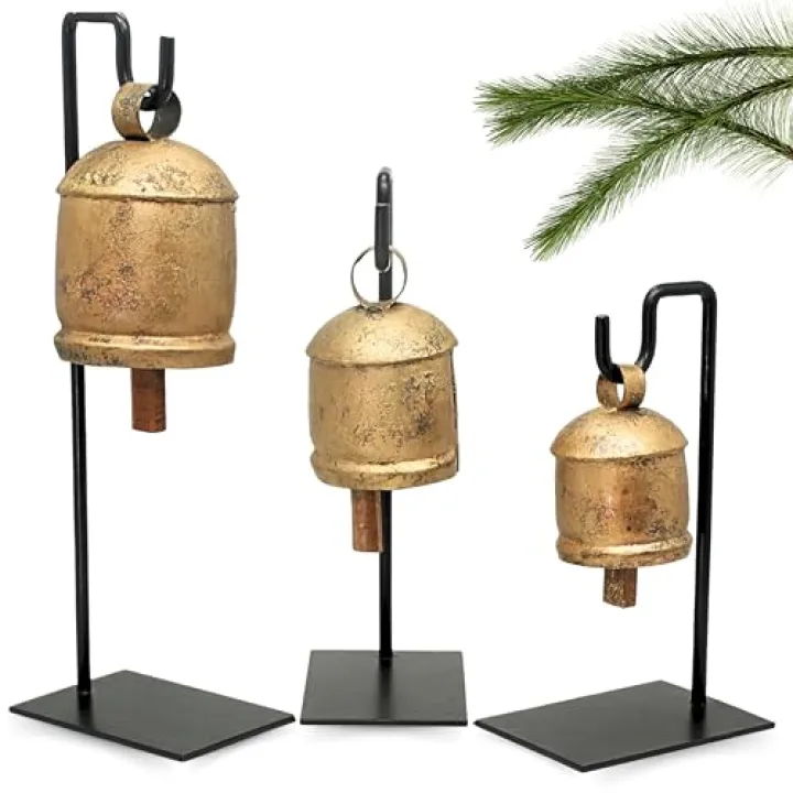 Carfar Shabby Chic Set of 3 Harmony Bells on Metal Stand Handmade Metal Christmas Decoration Cow Bells 13",10",7" Country Rustic