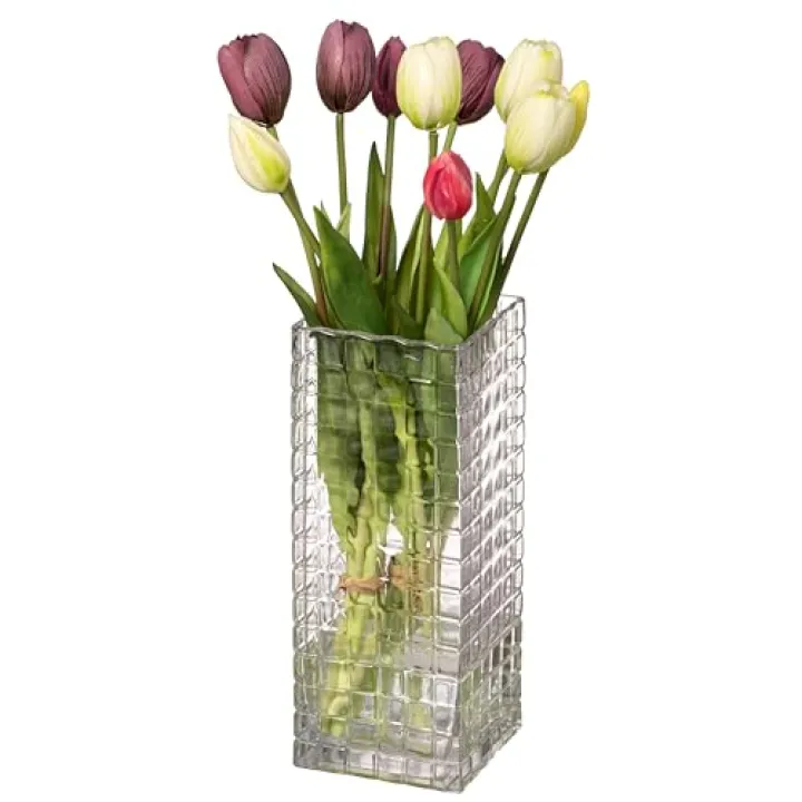 10-Inch Square Frosted Clear Glass Table Vase - A Timeless Centerpiece for Dining Tables, Living Rooms, Bedrooms, Hotel Reception Areas and Conference Rooms, Ideal for Weddings and Special Occassions