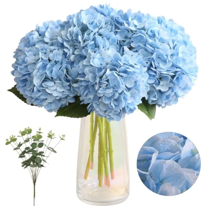 Tifuly 4pcs Fake Hydrangea with Vase - Real Touch Faux Hydrangea Flowers and 3pcs Eucalyptus Stems for Wedding Centerpiece Home Party Table Decoration（Blue）