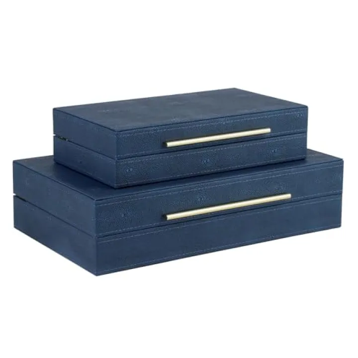 HofferRuffer Faux Leather Decorative Boxes Set of 2, Large Nesting Keepsake Box Accessory Organizer Jewelry Organizer with Hinged Lid, Stacking Storage Box Container for Home or Office (Navy Blue)