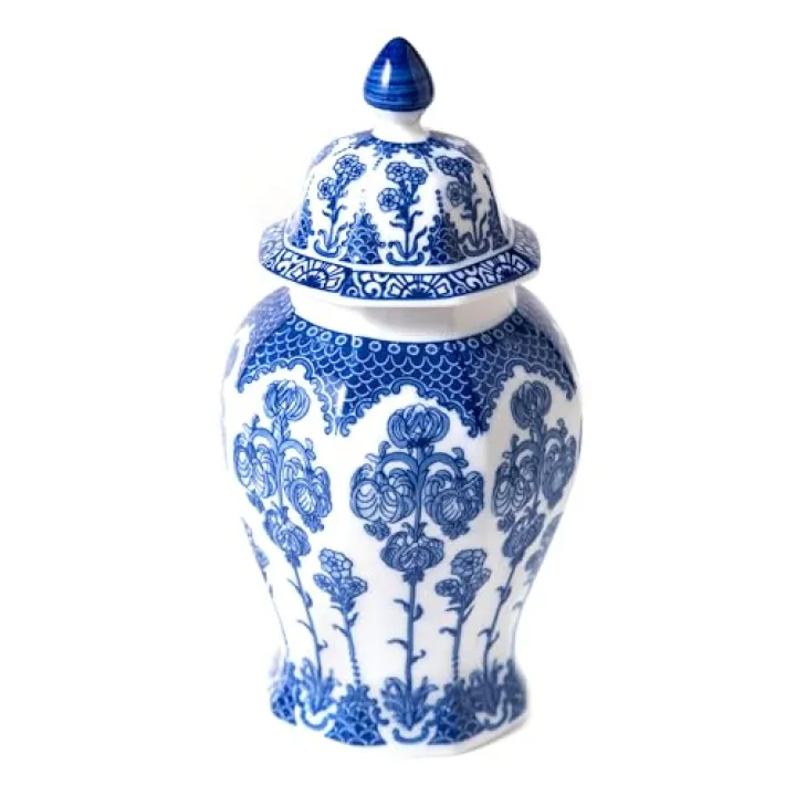 Blue and White Ginger Jar, Ceramic Chinoiserie Decorative Jars, Blue Vase Porcelain, Blue and White Decor for Table, Living Room, Bookshelf, Mantle Fireplace, Centerpieces.15 H