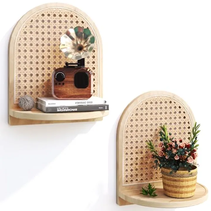 MVPSONAG Rattan Shelf Set of 2, 7''Natural Rattan Shelf with Wicker Decor, Boho Wall Decor Small Floating Shelf for Plant Figurines Display, Mini Shelves for Knick Knack Storage