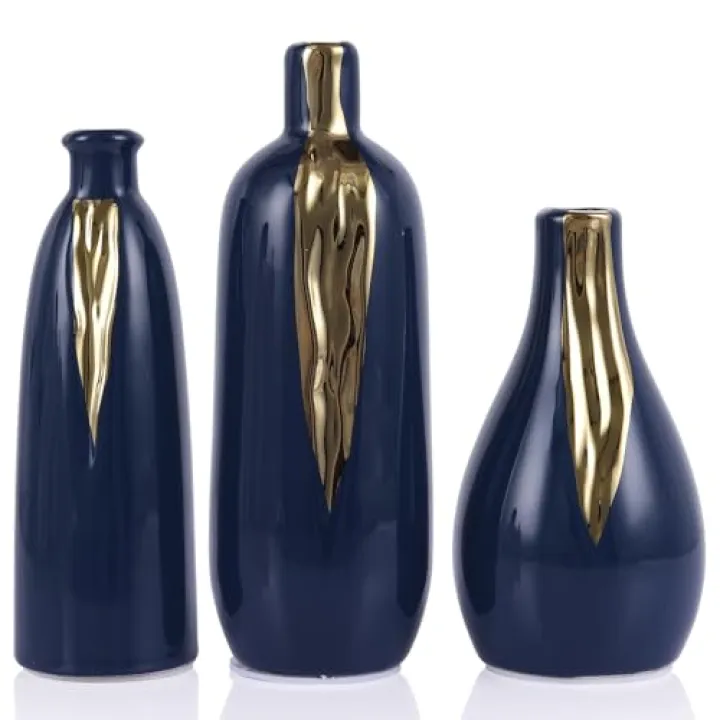 Ceramic Decorative Vases Set of 3, Blue and Gold Vases for Home Decor, centerpieces on Modern Farmhouse Living Room Table Shelves, Office Bookshelf Decorations and Ornaments.
