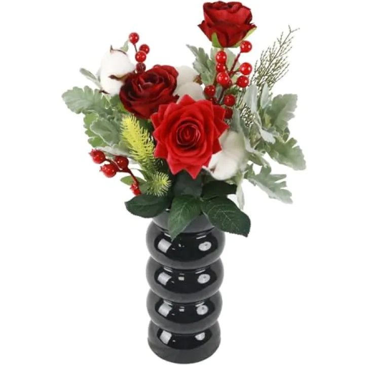 20pcs Christmas Pine Branches with Red Roses Red Berry Stems Soft White Cotton Artificial Plant Flowers Combination Suitable for Winter Christmas Home Holiday Decoration