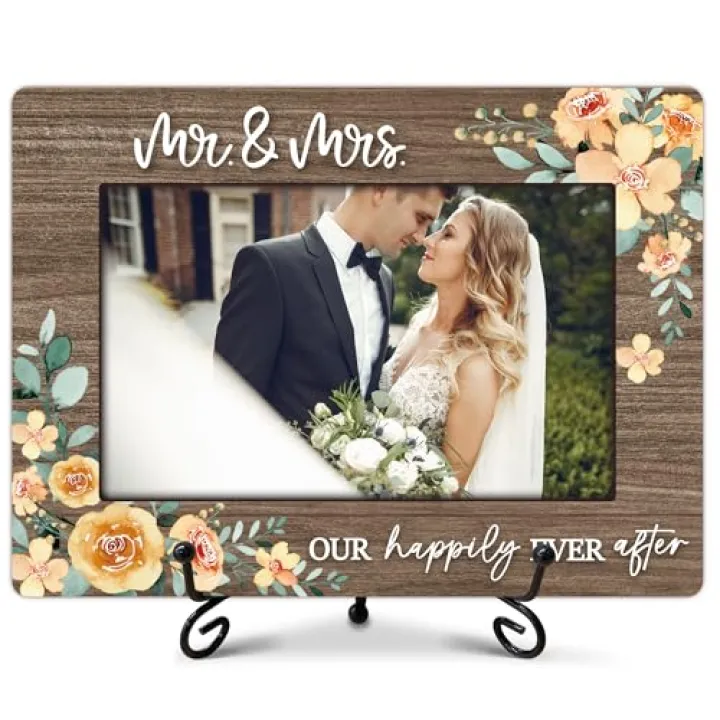 Eronm Mr & Mrs Wedding Photo Frame - 4x6 Rustic Wooden Picture Frame with Metal Stand, Memory Gift for Newlyweds, Couple Home Decor (with Gift Box)-A13