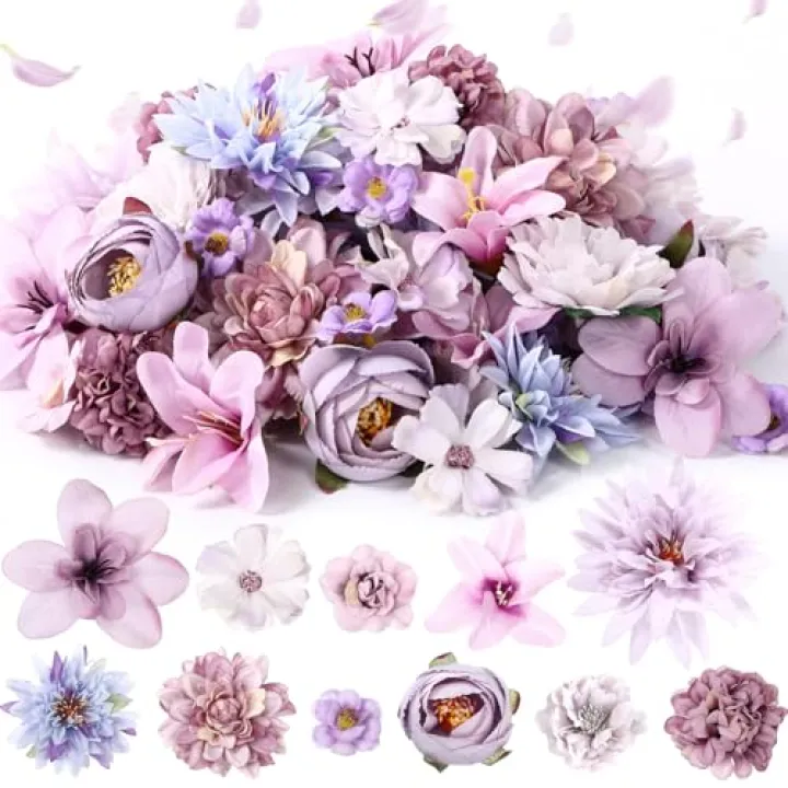 Thiccywoov 80 Pcs Assorted Fake Flower Heads Mini Artificial Flower Heads Bulk Silk Faux Daisy for Crafts Fake Peony Rose for Wedding Party Wreath Home Decoration(Purple)