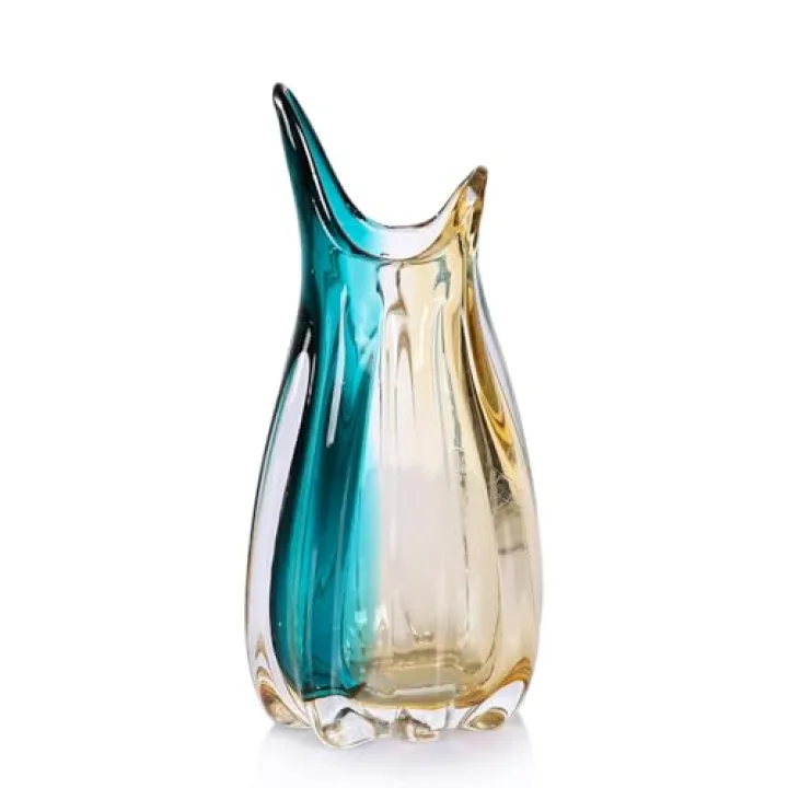 Hand Blown Glass Flower vases,Unique Wide-Mouth Vase,Modern Turquoise Glass Art Decor,for Home Living Room, Office, Table centerpieces, Bookshelves and Wedding Decorations (9.8inch H)