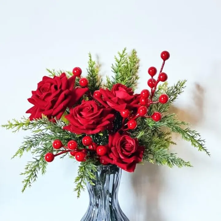 Aiizun Artificial Flowers, Winter Flowers Artificial - Roses Bouquet with Berry and Pine Stems, 11 PCS Faux Flowers & Plants for Indoor Decoration, Artificial Flowers Bouquet for Holiday, 12 Inch