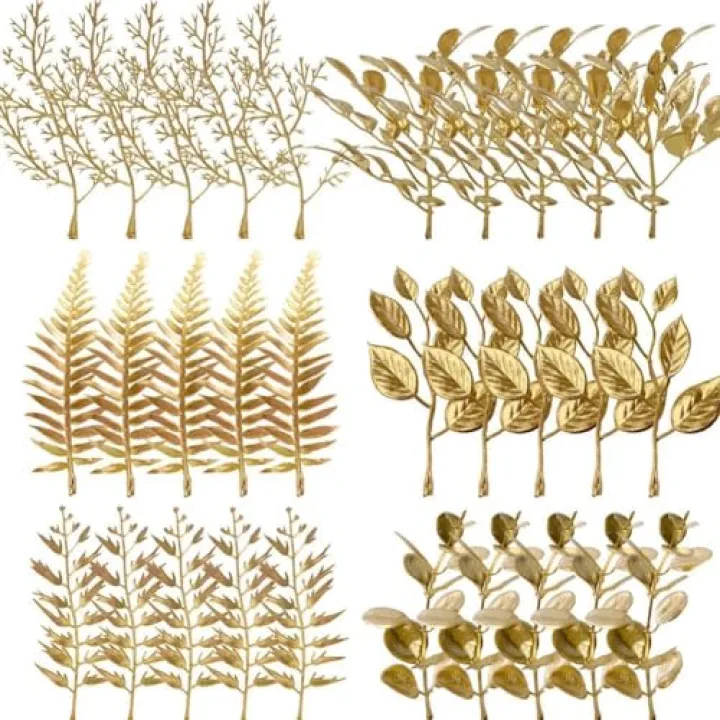 Ohsail 30Pcs Artificial Mini Golden Leaves 5inch Fake Gold Plants Foliage Stems Simulation Eucalyptus Cedar Elm Leaves Grass Stems for Wedding Picks Decoration DIY Wreath Crafts Christmas Tree Filler