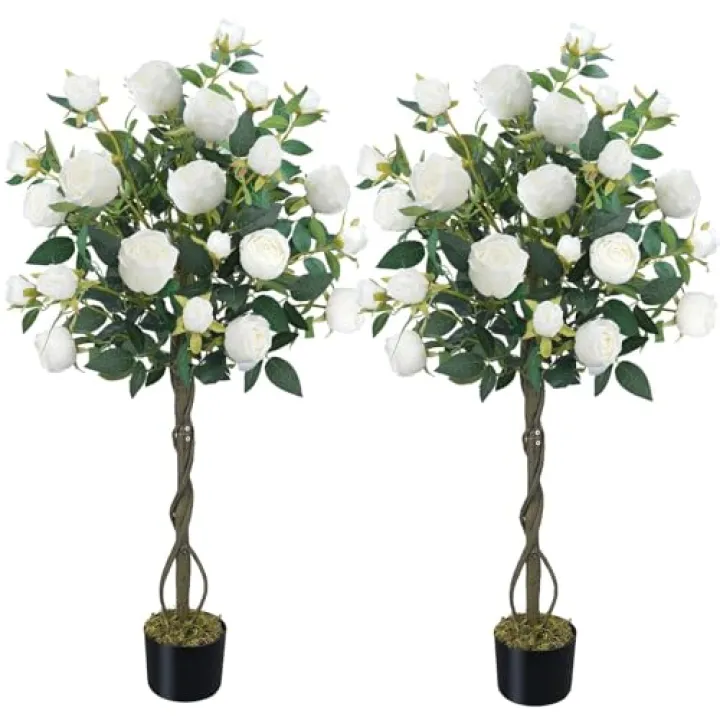 HUAESIN 2 Pack Artificial Rose Tree 4FT Fake Camellia Tree with White Flowers Faux Trees Indoor Artificial Trees for Home Decor Front Porch Living Room Outdoor Garden Yard