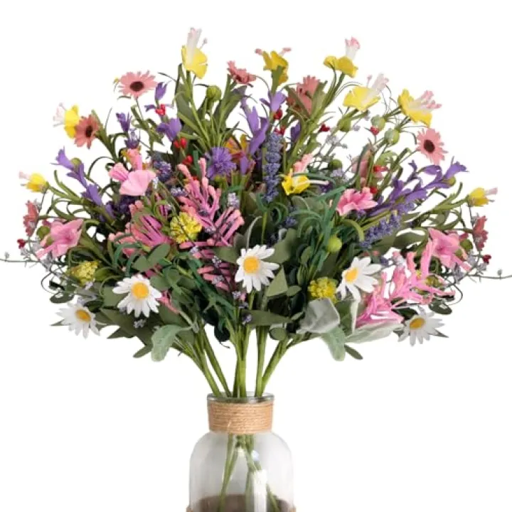 Bibelot Artificial Faux Plants Flowers Indoor Spring Summer Decor, 6 Bundles Fake Silk Daisies Lavender Branches for Indoor Outdoor Wedding Office Party Hotel Home Decor, Vase Not Included