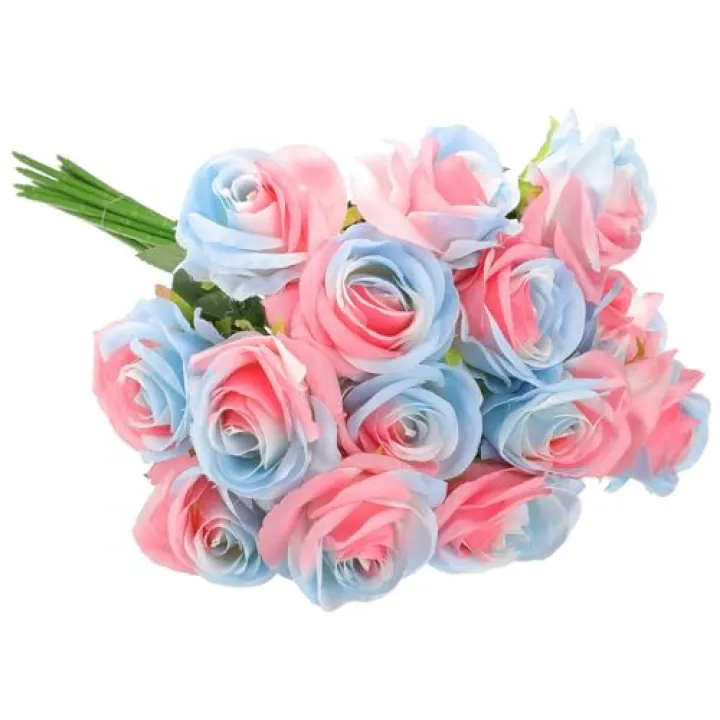 PATIKIL 15pcs Fake Roses, Roses Artificial Flowers Artificial Roses Silk Roses with Long Stems Real Look Real Touch Bouquet for Home Decor Table Decorations Wedding, Gradient Blue Pink