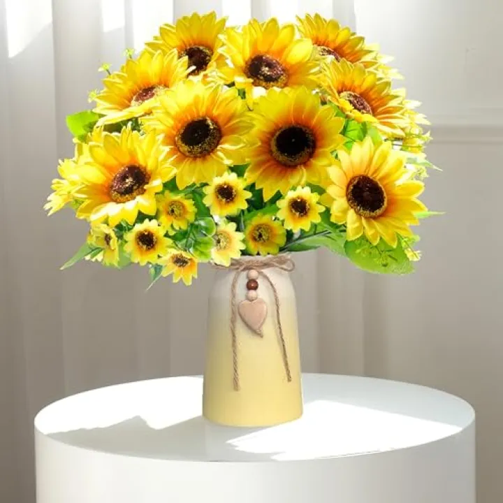 HEMYLU Artificial Sunflower Arrangement in Ceramic Vase – Fake Silk Sunflowers Table Centerpiece Decoration, Stylish Artificial Flowers with Vase for Home Table Dining Room