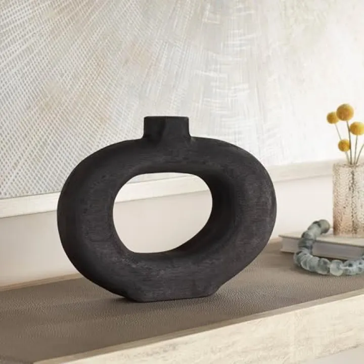 Dahlia Studios Amaranth 12 1/4" Matte Black Wood Decorative Round Vase - Dahlia Studios