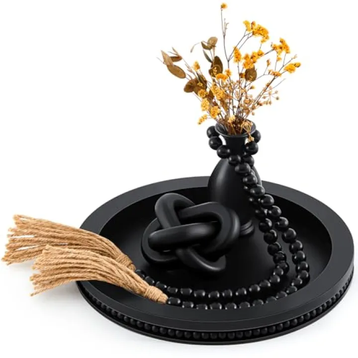 3 Pcs Coffee Table Decor Include 12in Black Wooden Serving Tray, Wood Boho Knot Chain and Wood Bead Garland with Tassels for Coffee Table Housewarming Gift Dining Room Entryway Living Room Farmhouse