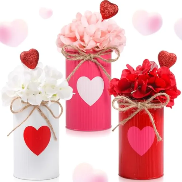 SiliFine 3 Sets Valentine's Day Decoration Valentine's Day Centerpiece for Table Includes 3 Silk Artificial Flower 3 Red Heart Glitter Berry Picks 3 Metal Vases for Wedding Anniversary Party Decor