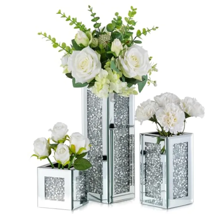 Silver Rectangle Glass Vases for Decor: Hewory Tall Crushed Diamond Mirror Vase for Centerpieces - Large Decorative Mirrored Containers for Dried Flowers, Bling Big Crystal Vases for Home Decoration