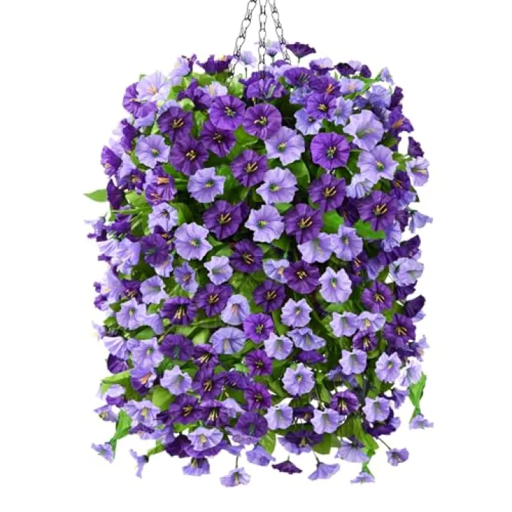 Homsunny Artificial Fake Hanging Flowers Plants Baskets for Outdoor Spring Summer Decorations,Faux Morning Glory Silk Flower for Outside UV Resistant Patio Yard Home Porch Decor(Purple)