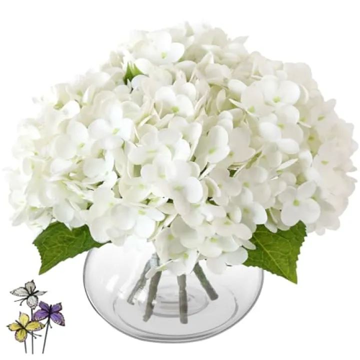 Leftover Hydrangea Artificial Flowers with Vase,White Real Touch Hydrangea Flowers with Butterfly,Faux Hydrangea Flowers for Floral Centerpieces for Tables,Home Decor,Wedding Decor,Coffee Table Decor
