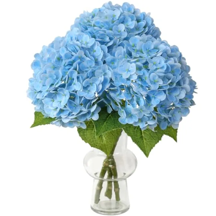 Leftover 21" Blue Hydrangea Artificial Flowers,3 Pcs Real Touch Hydrangea Flowers with 3 PCS Butterflies for Centerpiece Table Decorations,Floral Arrangements for Coffee Table Decor,Living Room Decor