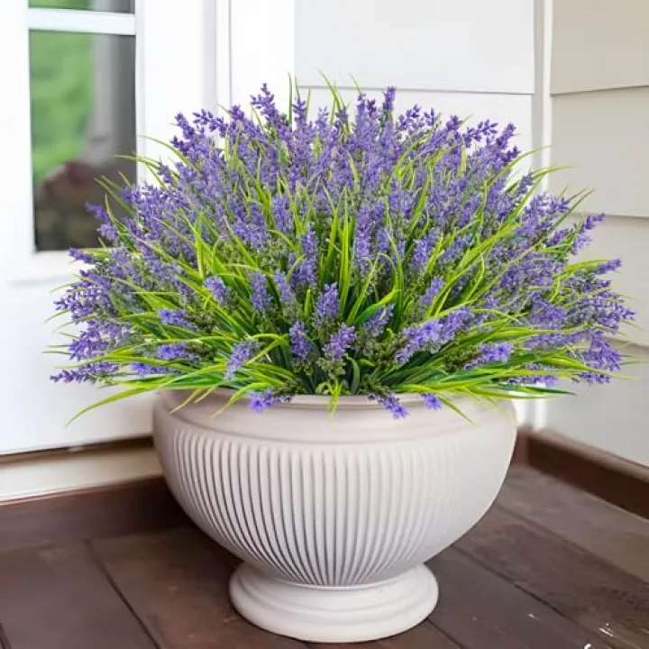 Agusbagli 48 Bundles Artificial Grass Fake Plants, Outdoor Fake Monkey Grass Greenery UV Resistant Faux Plastic Shrubs Arrangement for Patio Garden Porch Home Window Hanging Planter Decor, Purple