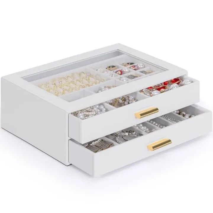 AKOZLIN Jewelry Box with Clear Lid Functional Leather Jewelry Storage Organizer Case 2 Drawers for Women Girls Necklace Ring Bracelet Earring