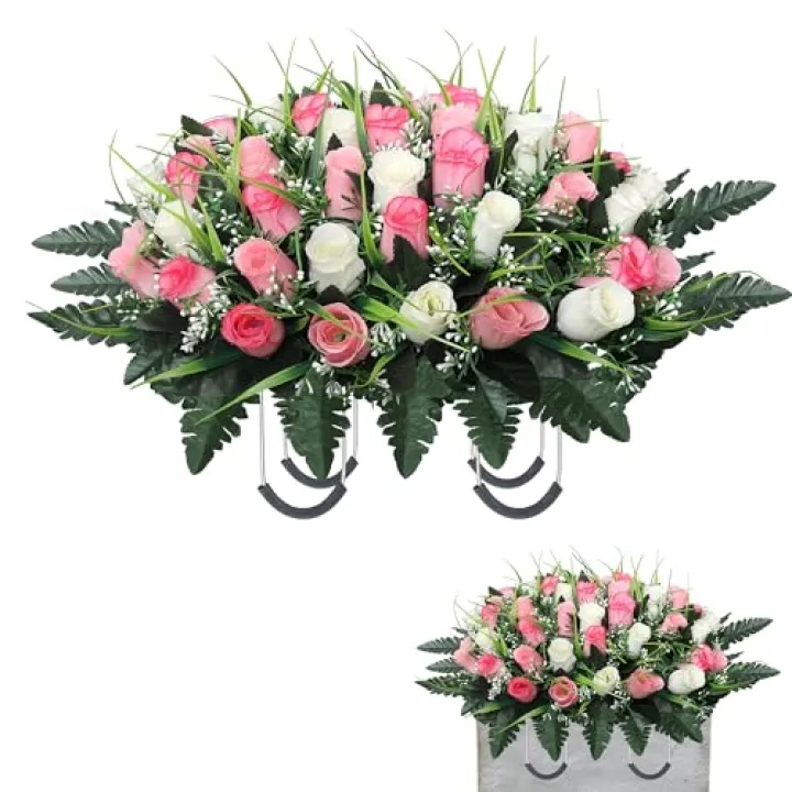 Lodou Cemetery Flowers for Grave,Headstone Flower Saddle,Flowers for Cemetery Grave Decoration Headstone Flower Saddle for Headstone Decoratio (Pink White)