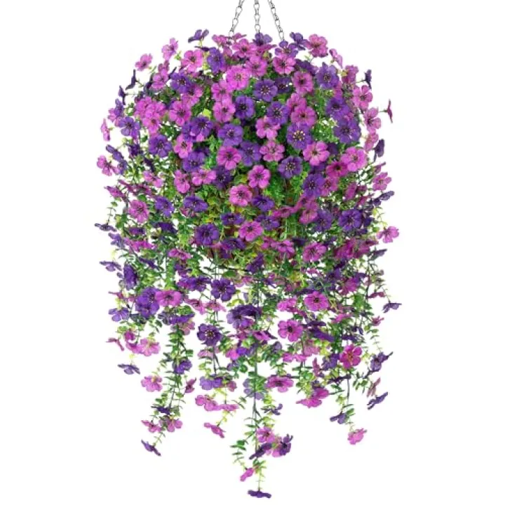 Artificial Faux Hanging Flower Plants with Basket Outdoor Spring Decoration, Fake Silk Flowers Daisy Planter Eucalyptus Realistic UV Resistant for Outside Garden Porch Patio Home Decor (Purple Lotus)