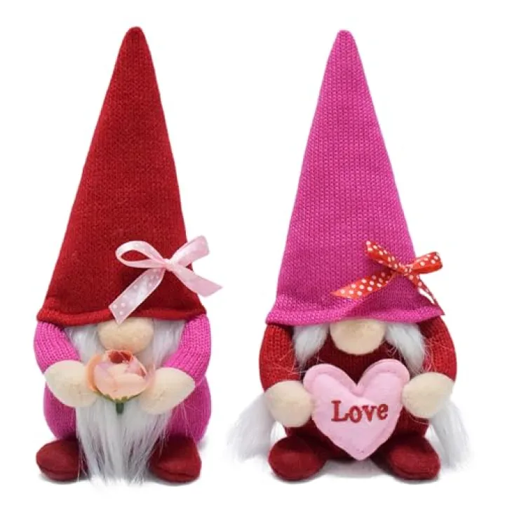Attiigny 2PCS Handmade Santa Gnome Decorations,Romantic Saint Valentine Tiered Tray Party Ornament Present Tomte,Knitted Pink Stuffed Anniversary Decor for Home