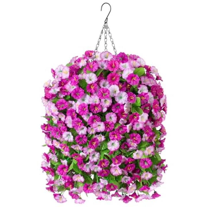 Ammyoo Artificial Fake Hanging Flowers Basket for Spring Decor, Faux Silk Flower in Planter for Summer, Outdoor Artificial Floral for Home Porch Yard(Double Lotus)