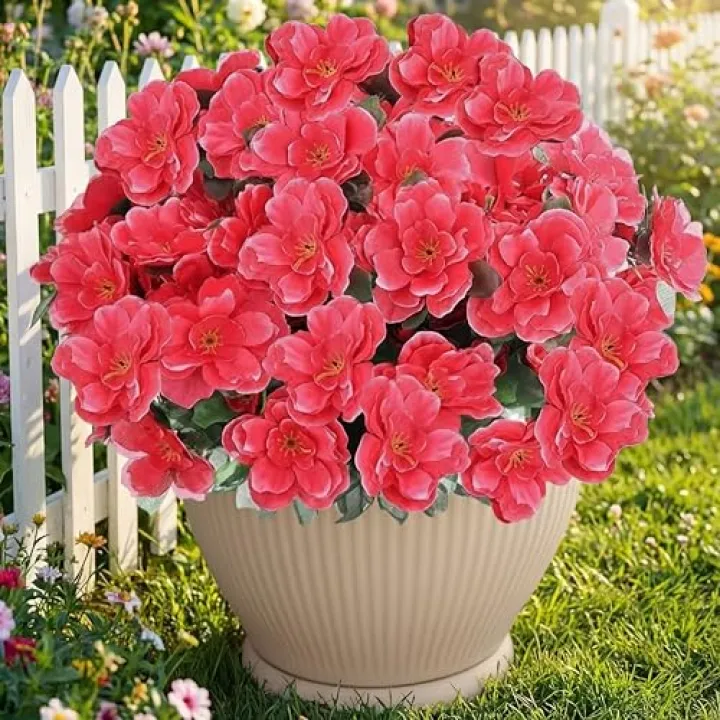 Thiccywoov 30 Pcs Fake Silk Azalea Bouquet Flower Artificial Flowers for Outdoors UV Resistant Realistic Colorful Faux Spring Floral for Outdoor Garden Window Porch Pots Wedding Decor(Rose Red)