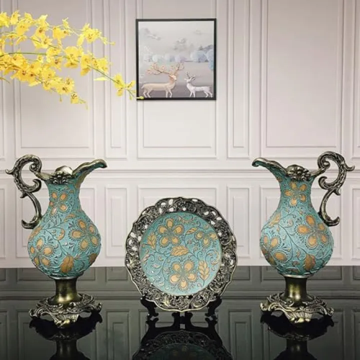 Luxury Vase Decorations Set of 3, European Retro Resin Flower Vase Multifunction Vases Ornaments for Flowers Decorative Wine Cabinet Living Room Bedroom TV Cabinet Decorations Gift Goodies