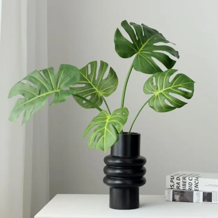 grtefhu 5pcs Artificial Monstera Leaves with Long Stem for Vase - Fake Tropical Plants Palm Leaves Realistic Turtle Leaves for Birthday Party Wedding Room Decor
