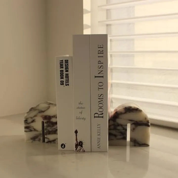 Set of 2 Natural Calacatta Viola Marble Bookends for Shelves, Decorative Book Ends for Heavy Books, Book Stopper Office Bookshelf Decor for CDs/Video Games