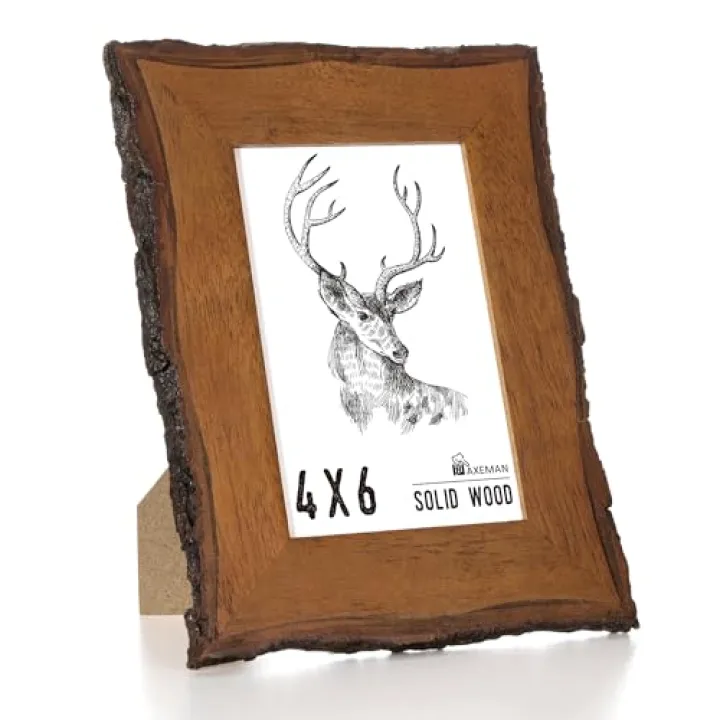 Axeman 4x6 Live Edge Picture Frame, Solid Rustic Handcrafted Wood Frame with Real Bark Edges & High Definition Glass Front, Farmhouse Decor for Tabletop or Wall Display