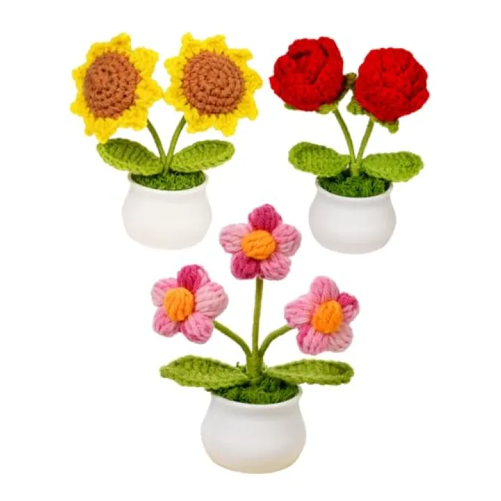Wishwell Pop 3pcs Crochet Flowers, Red Rose Sunflower Daisy Knitted Flowers Pots for Office Car Dashboard, Cute Desk Décor, Mothers Day Valentines Day Birthday Gifts