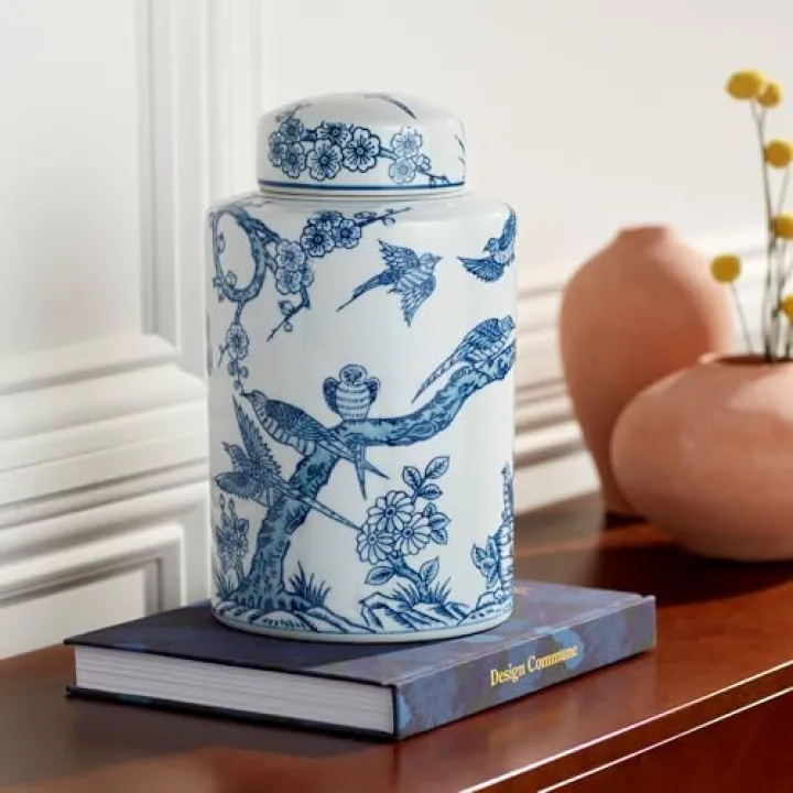 Dahlia Studios Heather 12" High Blue and White Ceramic Ginger Jar - Dahlia Studios