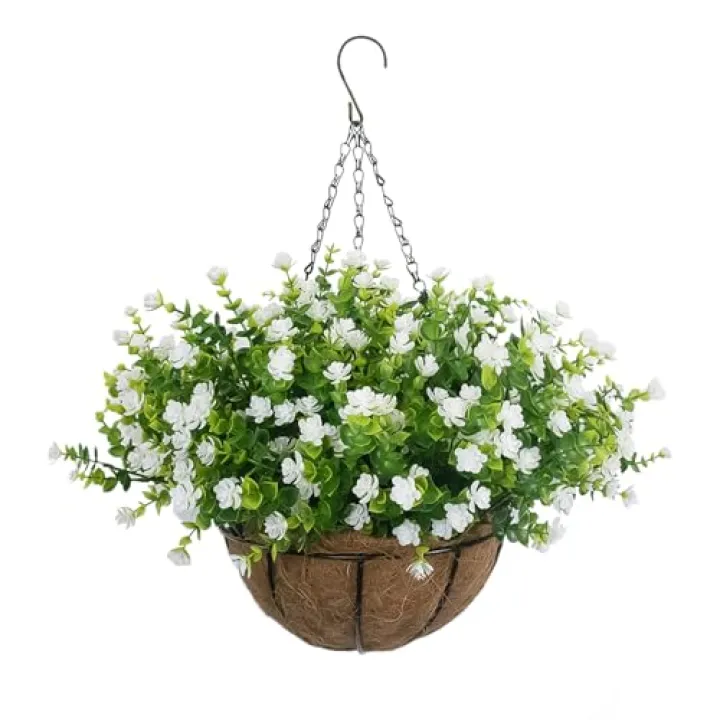 BCBLF Artificial Hanging Flowers Basket, 12 UV-Resistant Bundles of Realistic Fake Flowers, Faux Plants for Outdoor Decor, Home, Garden, Porch, Patio, Spring & Summer Decorations, White