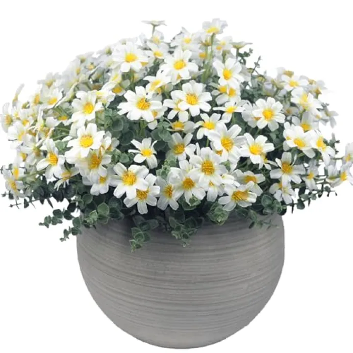 hugsbaaf 16 Bundles UV Resistant Artificial Daisy Flowers Fake Eucalyptus Plant Greenery for Indoor Outdoor Shrubbery Pot Home Table Centerpieces (White)