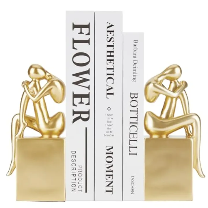Xmeden Book Ends, Gold Girl Thinker Design, Non-Skid Heavy Duty Resin Book Stopper for Books, Bookends with Base, Modern Bookends for Shelves, Resin, 1Pair/2Piece