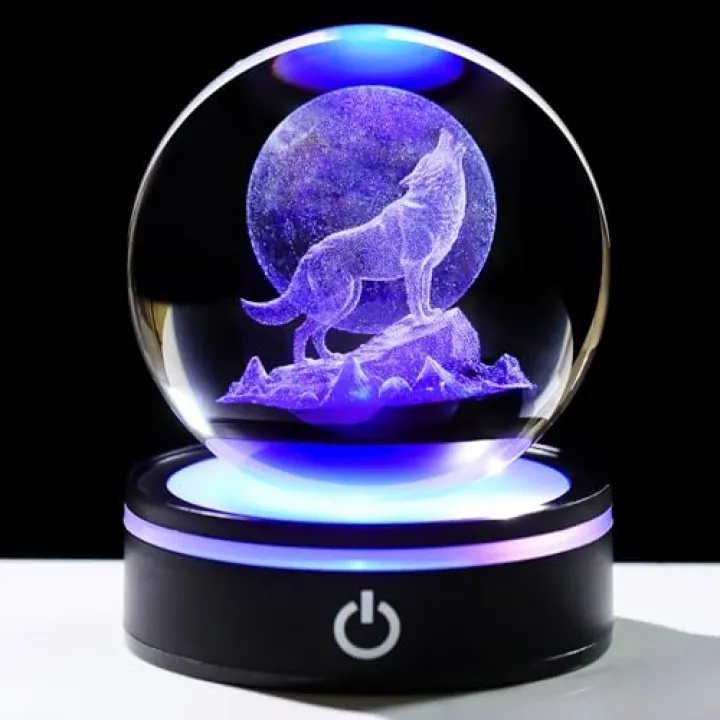 YWHL 3D Crystal Ball Moon Wolf Figurine with Colorful LED Base, Laser Wolf Gifts for Women Men Wolves Lovers on Christmas Birthday, Wolf Statue Glass Animal Decorative Ball for Home Decor (80mm)