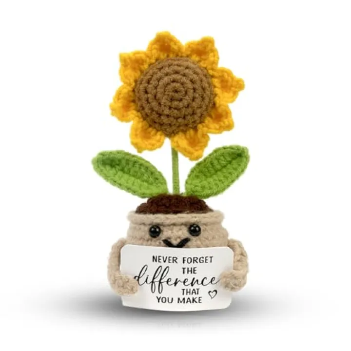 Tiny Detalles Valentines Mini Crochet Sunflower, Cute Cheer Up Gifts for Coworker, Crochet Plant with Optimistic Card for Romantic Anniversary, Valentines Day Gifts for Her Him Boyfriend Girlfriend