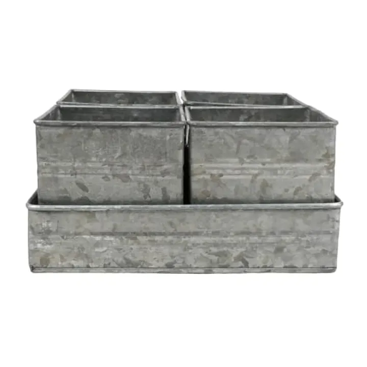 PHILPETY Set of 4 Shabby Chic Small Vintage Vase Farmhouse Flower Planter, Rustic Galvanized Metal Pots with Metal Tray for Kitchen Bathroom Bedroom Table Centerpiece Windowsill Country Indoor Decor