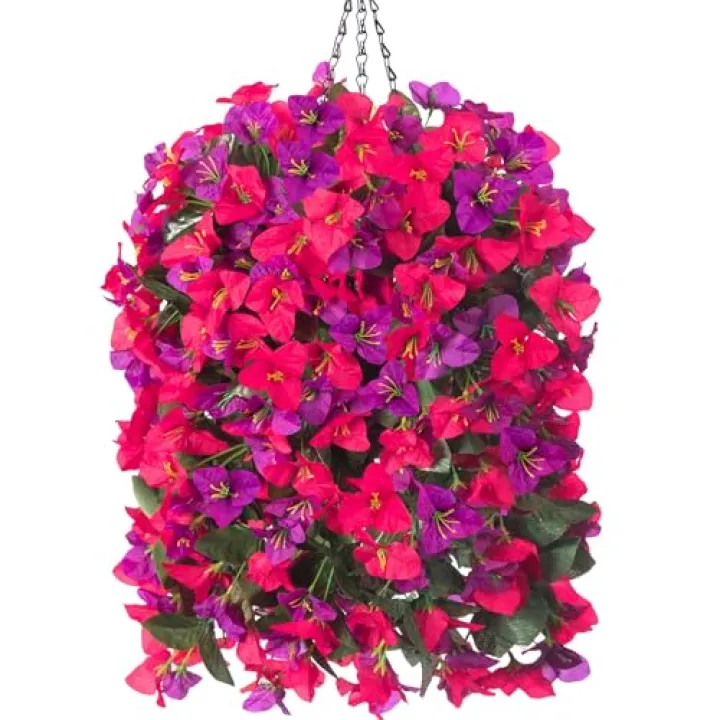 Artificial Bougainvillea Faux Flowers Plants Baskets for Outdoor Outside Decoration, 3PCS Fake Silk Flowers Long Trailing Vines UV Resistant Realistic for Front Door Porch Patio (PurpleHotpink)