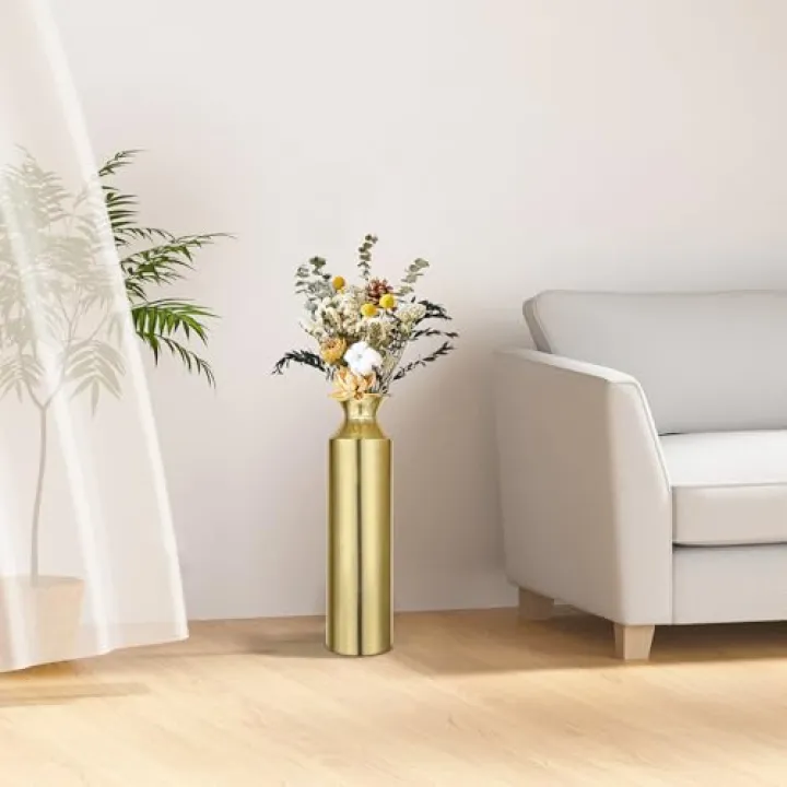 Gold Tall Floor Vase 21.65in Metal Decorative Flower Bucket Vases for Twigs Branches Dried Flowers Home Decor Housewarming Gift for Spa Reiki Meditation Settings O5 (Gold vase-L)