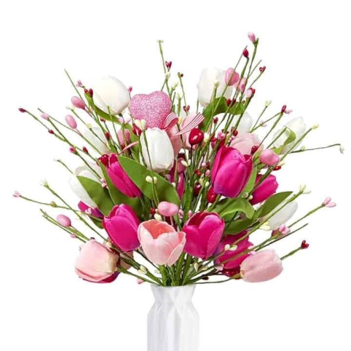 Lalune Duciel Artificial Flowers Tulips Fake Flower with Love Heart Bouquet Bulk for Home Kitchen Dinner Table Decor Porch Patio Decor