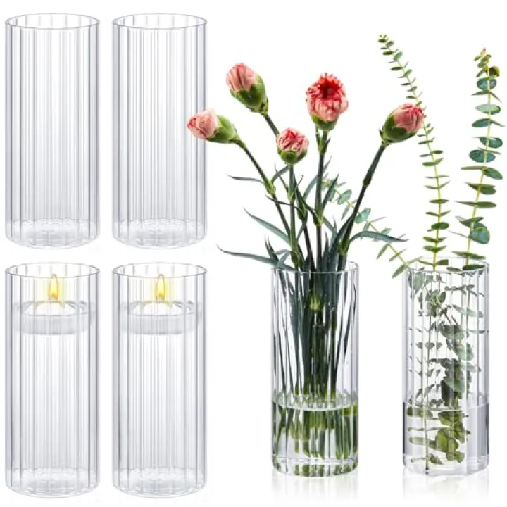 Ninehaoou 6 Pcs 8 Inch Tall Glass Ribbed Cylinder Vases Clear Floating Candle Flower Vase in Bulk, Hurricane Candle Holder for Wedding Housewarming Gift Table Centerpieces