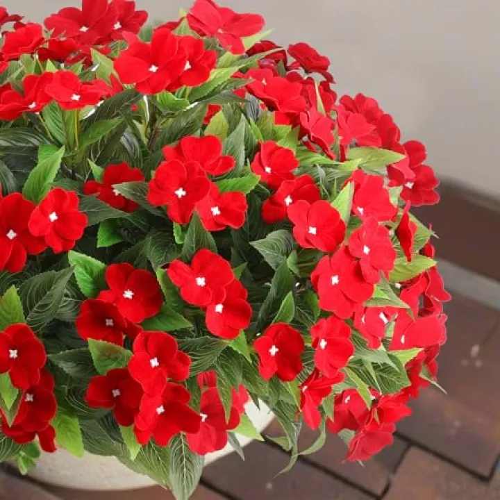Rowfad 4 Pcs Artificial Red Flowers for Christmas Silk Impatiens Flowers Outdoor Indoor Faux Impatiens Plants Red Impatien for Outside Pot Patio Garden Hanging Basket Porch Decor (4, Red)