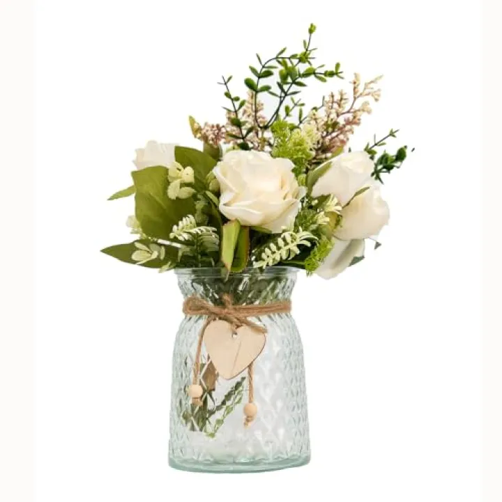 Uponhau Artificial Flowers with Vase, Faux Silk Roses in Vase, Fake Plant Eucalyptus Flower Arrangement for Office Home Farmhouse Bathroom Dining Table Centerpiece Decorations Coffee Table Decor