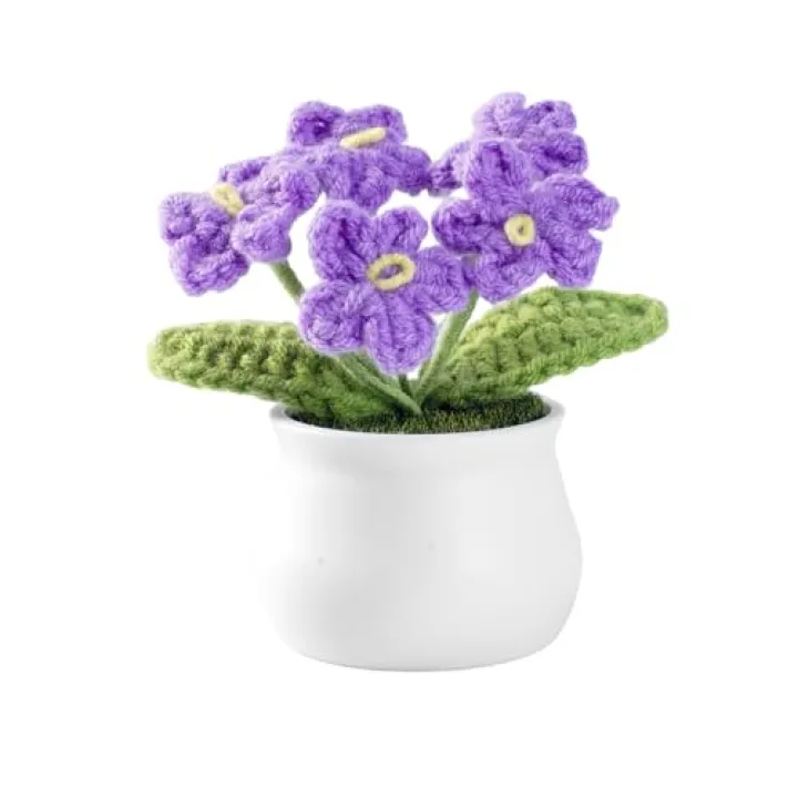 STNRST-IN Crochet Flower Bouquet, 5 Head Artificial Handmade Forget Me Not Flowers for Wedding Birthday Valentine Party, Knitted Potted Plants for Car Dashboard Home Office Decoration Gifts (Purple)